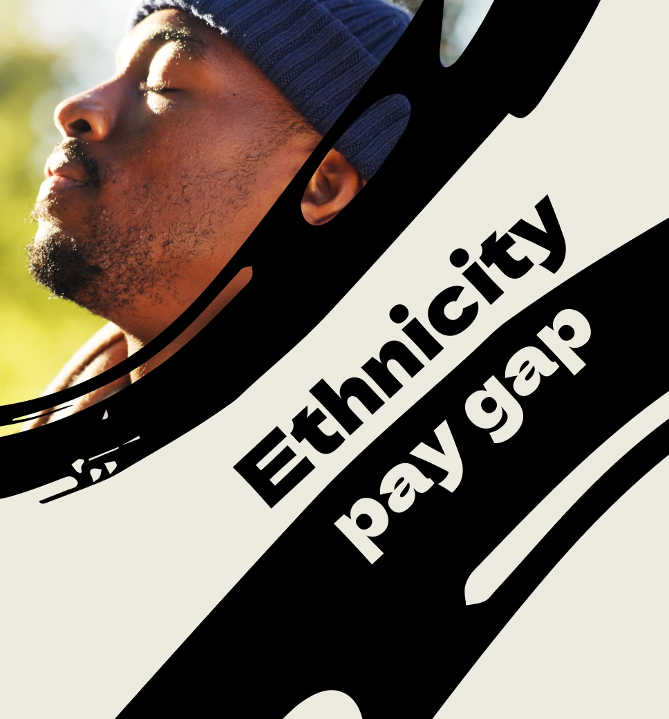 A close-up, profile view of a man with his eyes closed against a bright background, partially overlaid with bold black diagonal stripes containing the text "Ethnicity pay gap."