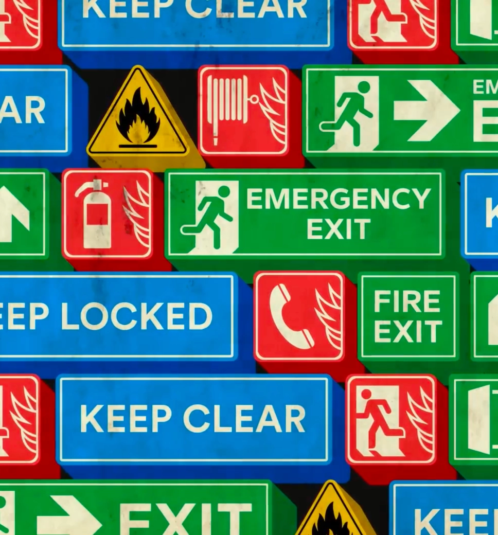 A dense collage of various fire safety and emergency signs, including "Emergency Exit," "Keep Clear," and icons for fire extinguishers and alarms.