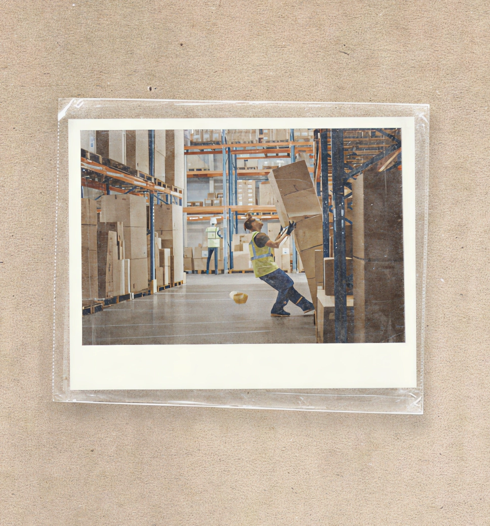 A photograph of a warehouse worker in a yellow safety vest struggling to catch a large, falling cardboard box from a high shelf.