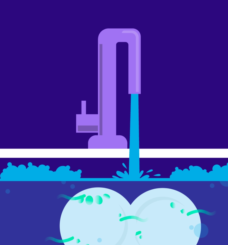 A minimalist illustration of a purple faucet running water over blue dishes and soap suds against a dark blue background.