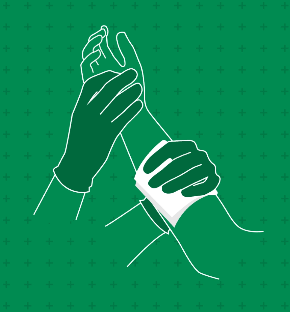 A green-themed graphic showing a pair of gloved hands applying a white bandage to a person’s wrist.