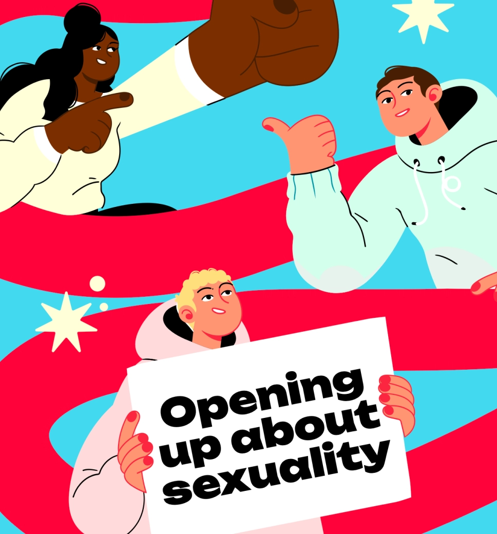 Short illustration of three people encouragingly gesturing around a sign reading 'Opening up about sexuality'.