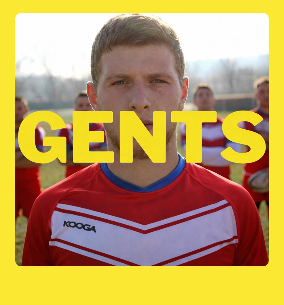 Short photo of a rugby player looking at the camera, framed in a yellow square with the word 'GENTS' across his chest.