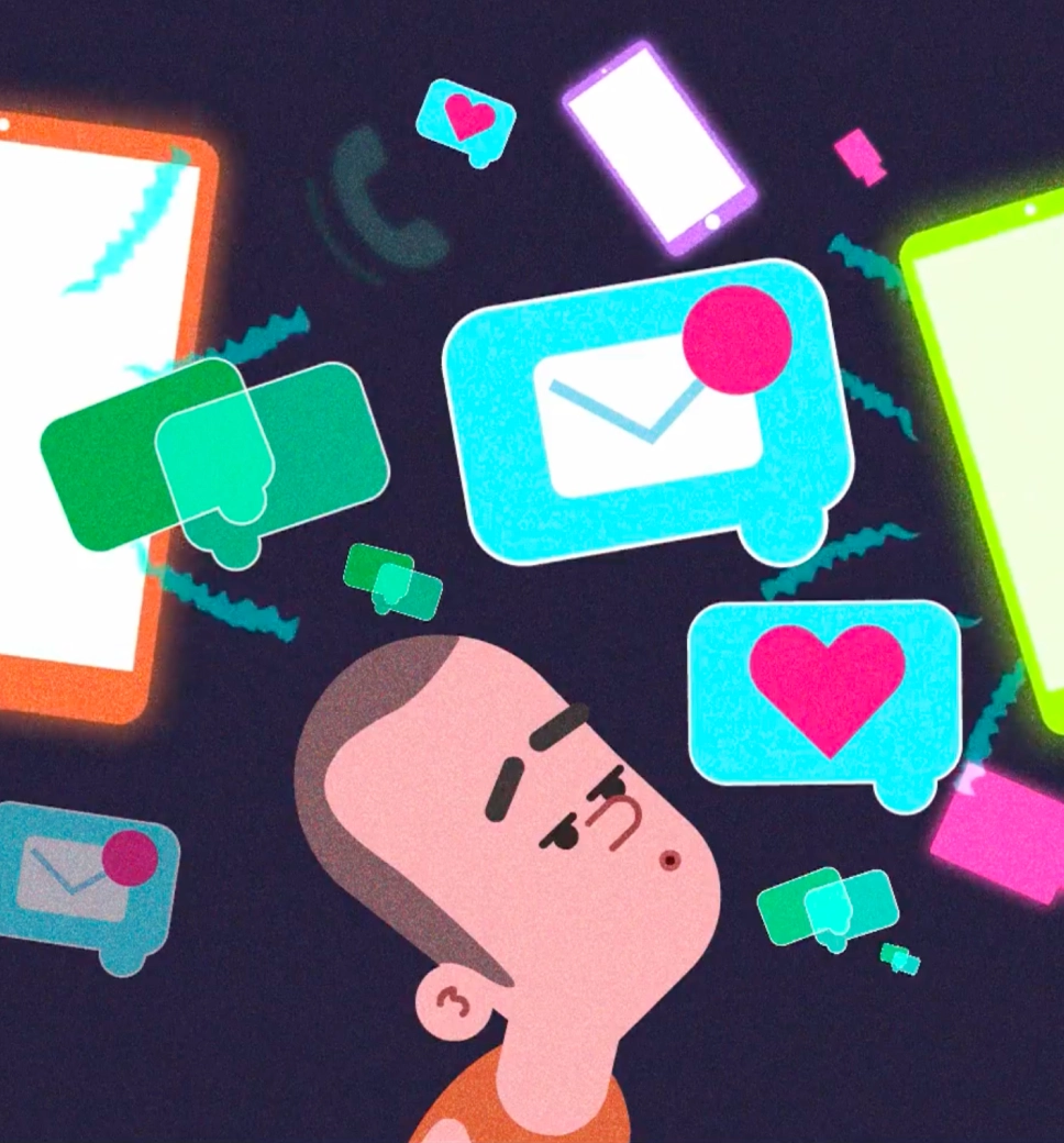 Short illustration of a man with large notification bubbles, smartphone screens, and chat icons.