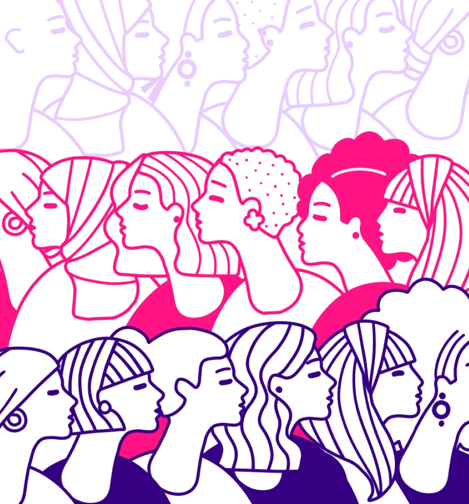 Short illustration of many diverse women in layers, with line work and color blocking in pink, purple, and blue.