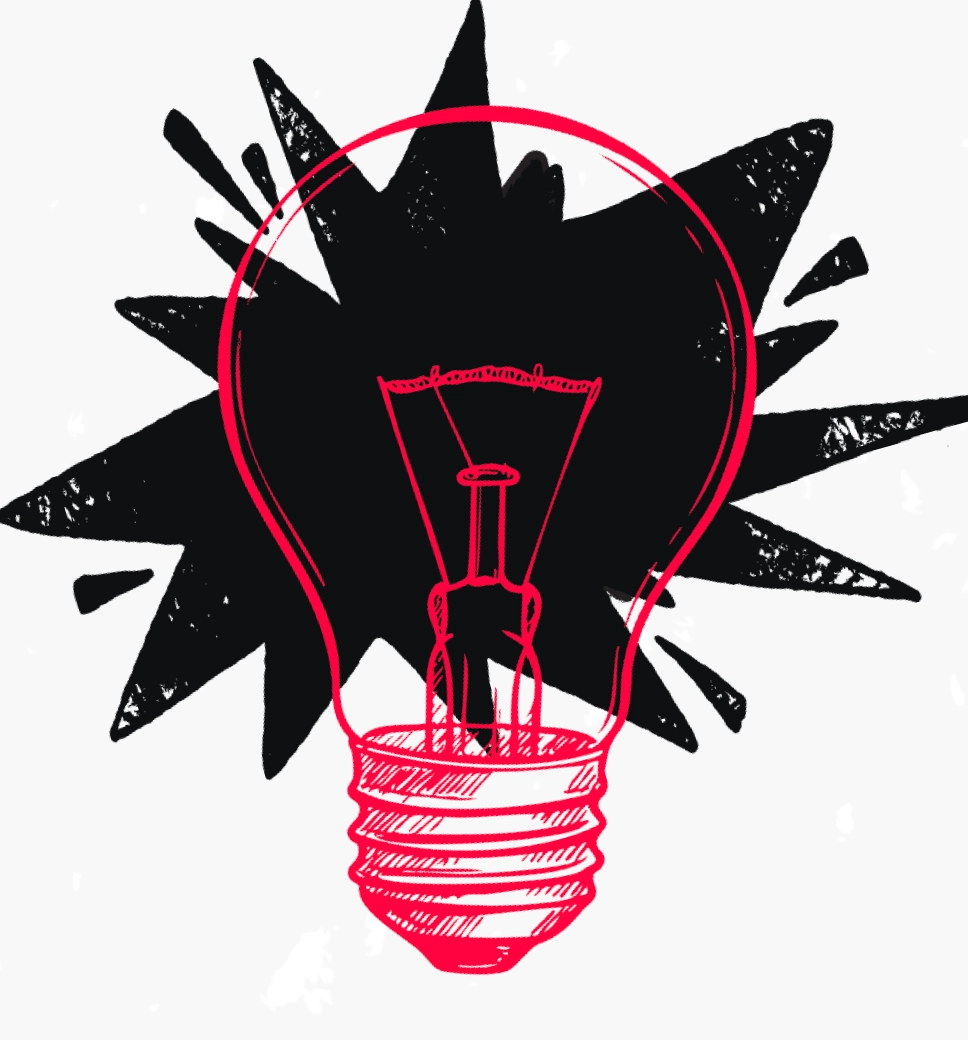 A high-contrast graphic featuring a bright red outline of a lightbulb superimposed over a jagged, black ink-splatter shape on a white background.