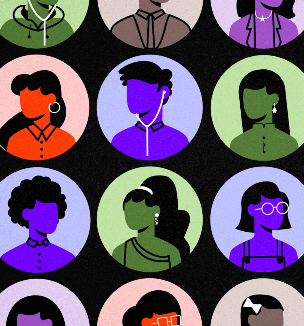 A grid of stylized, colorful profile icons of various people in circular frames against a dark background, representing a diverse group of candidates.