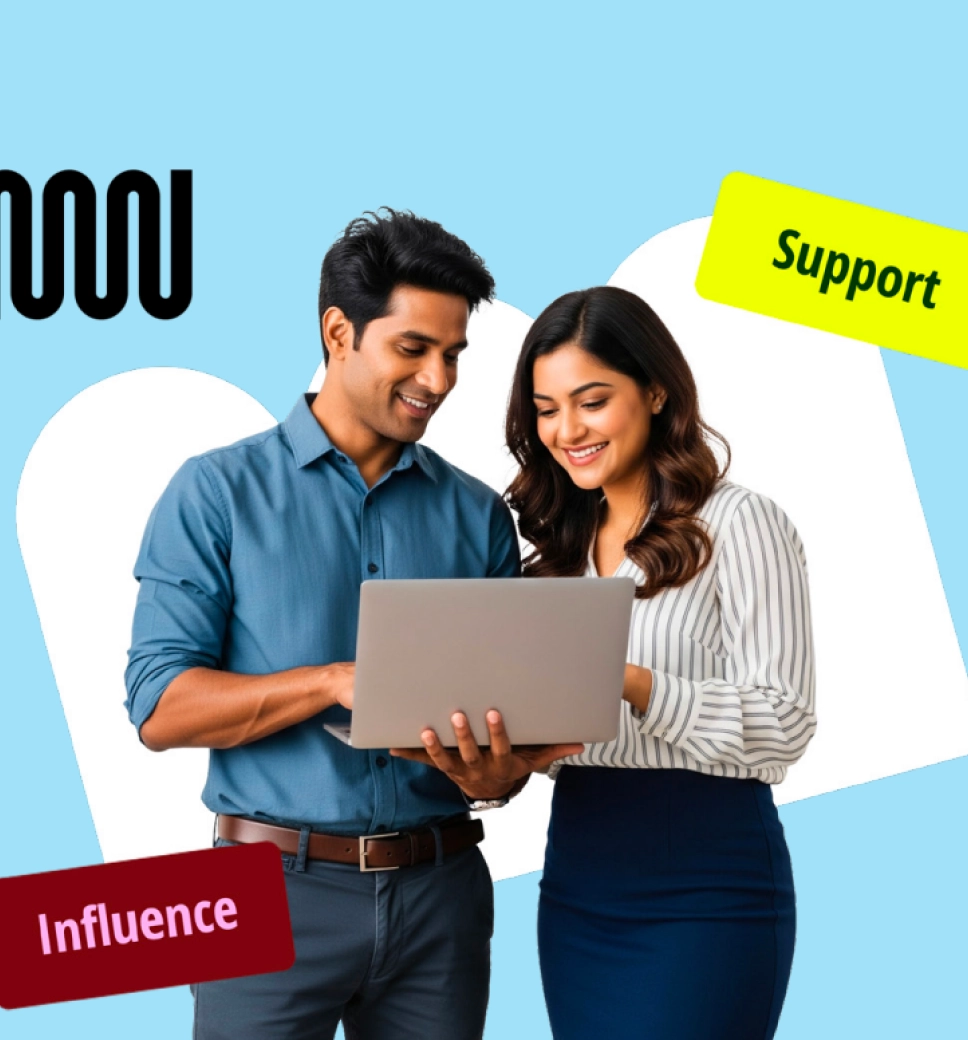 Two colleagues smiling and looking at a laptop screen together against a blue background. Graphic elements include a black wavy line and two stickers labeled "Support" and "Influence."