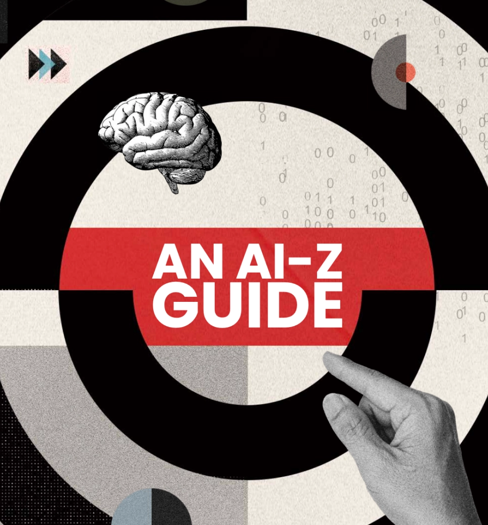 A collage-style graphic featuring a human brain and a pointing hand over a background of concentric circles and binary code. Centered is a red banner with the text "AN AI-Z GUIDE."