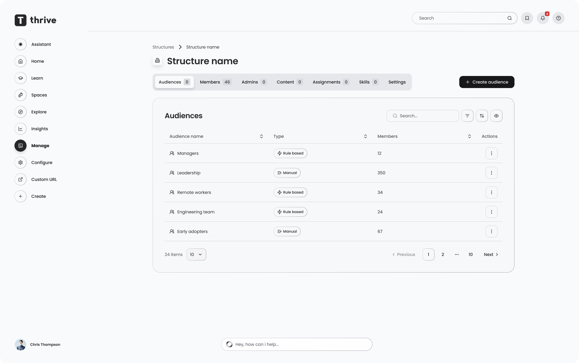 Structures and Audiences overview screen