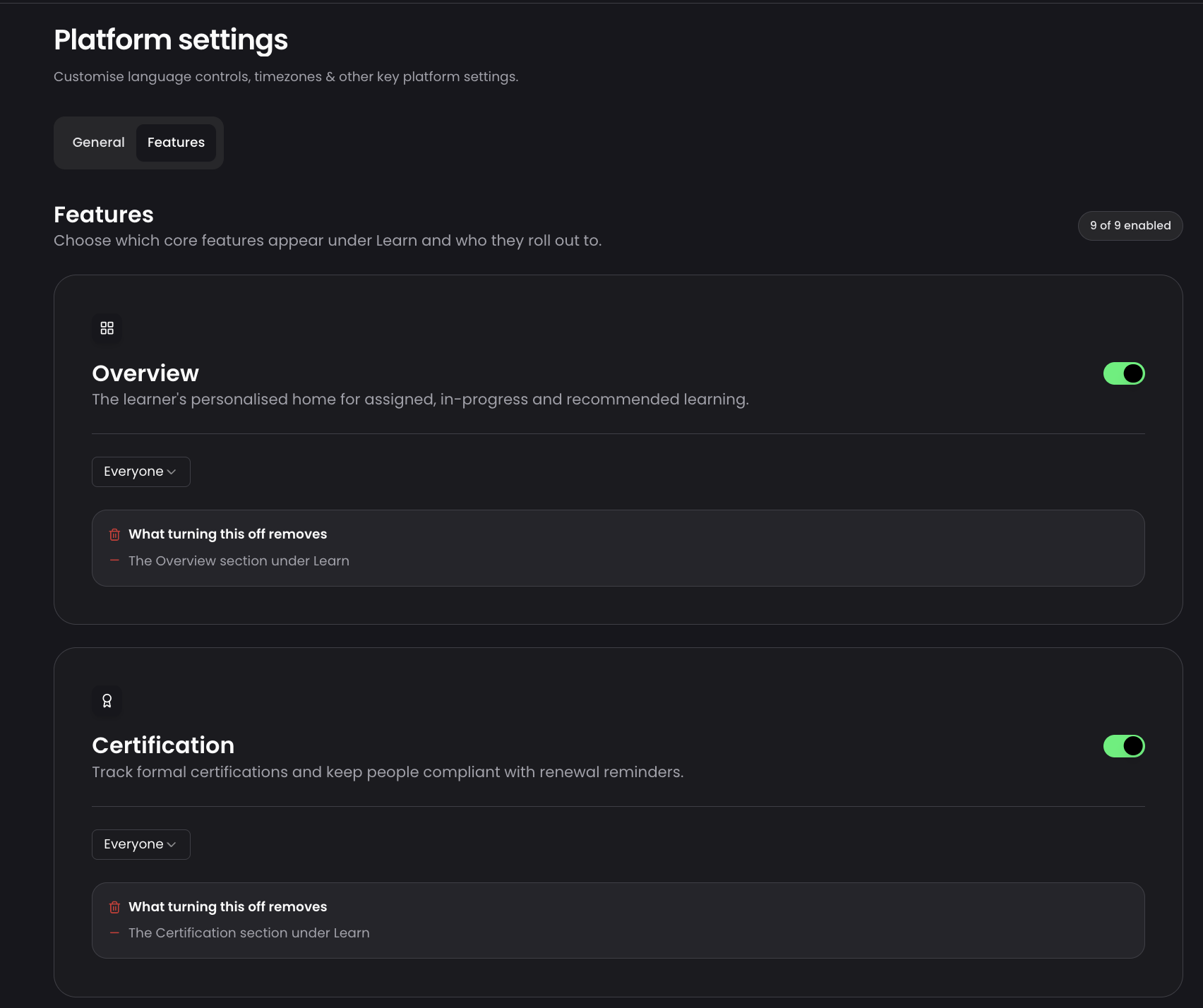 Learn features configuration screen in Platform settings
