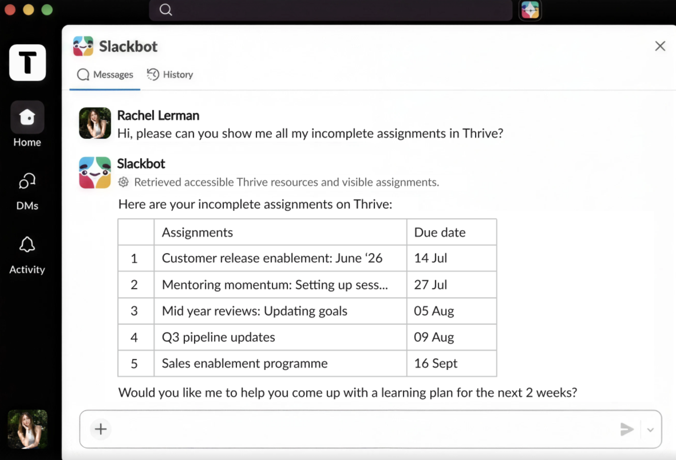 Concept mockup of a Slackbot response using Thrive's MCP