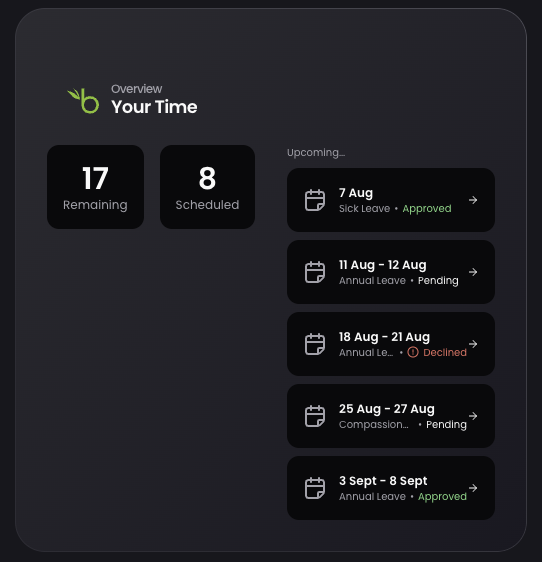 HRIS Time Off widget in Thrive Hub