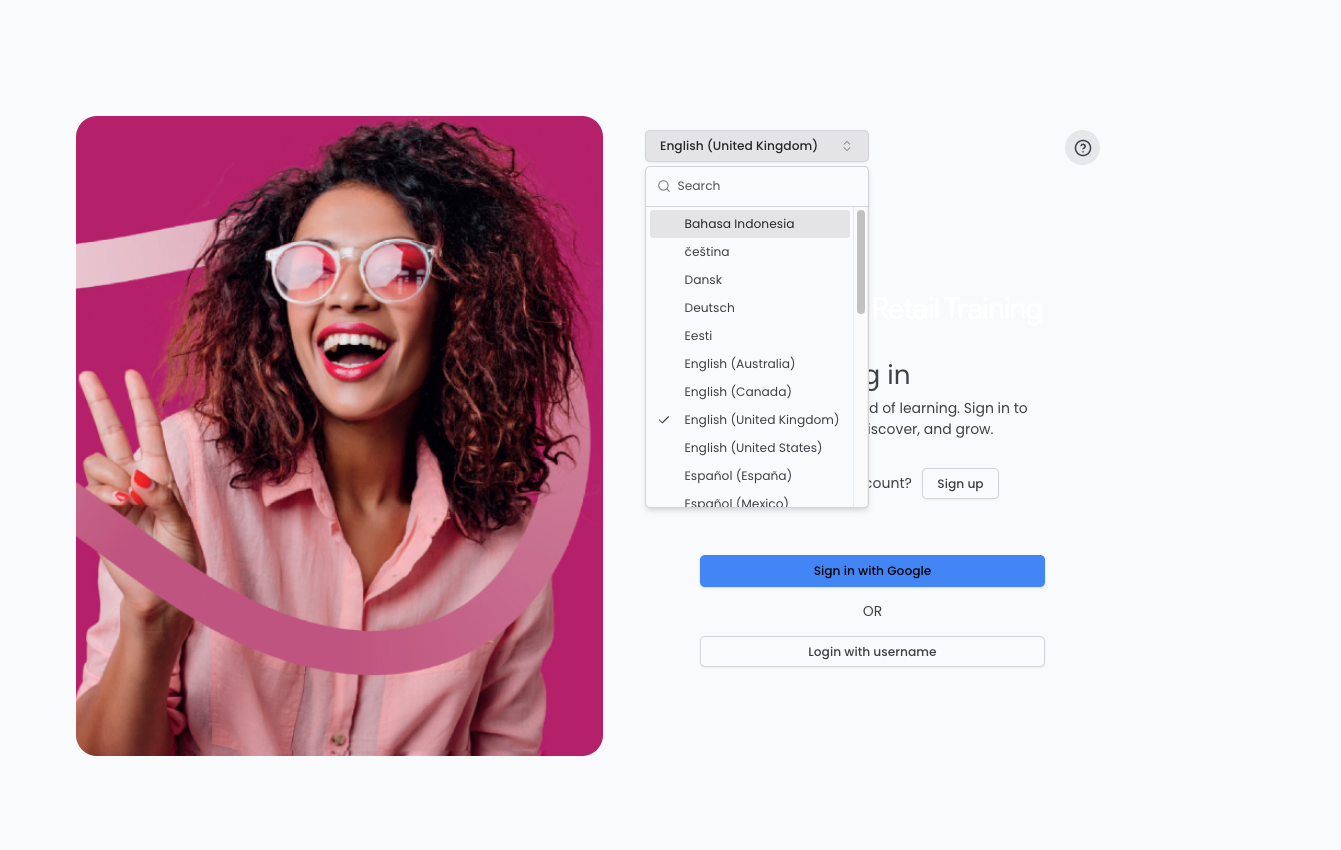 Language selector on the login page