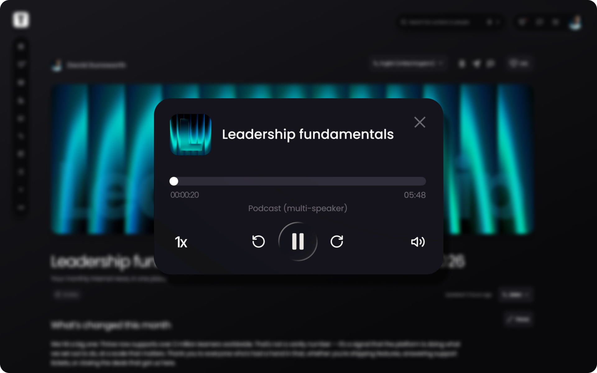 Thrive audio player playing "Leadership fundamentals" as a multi-speaker podcast over the article it was created from