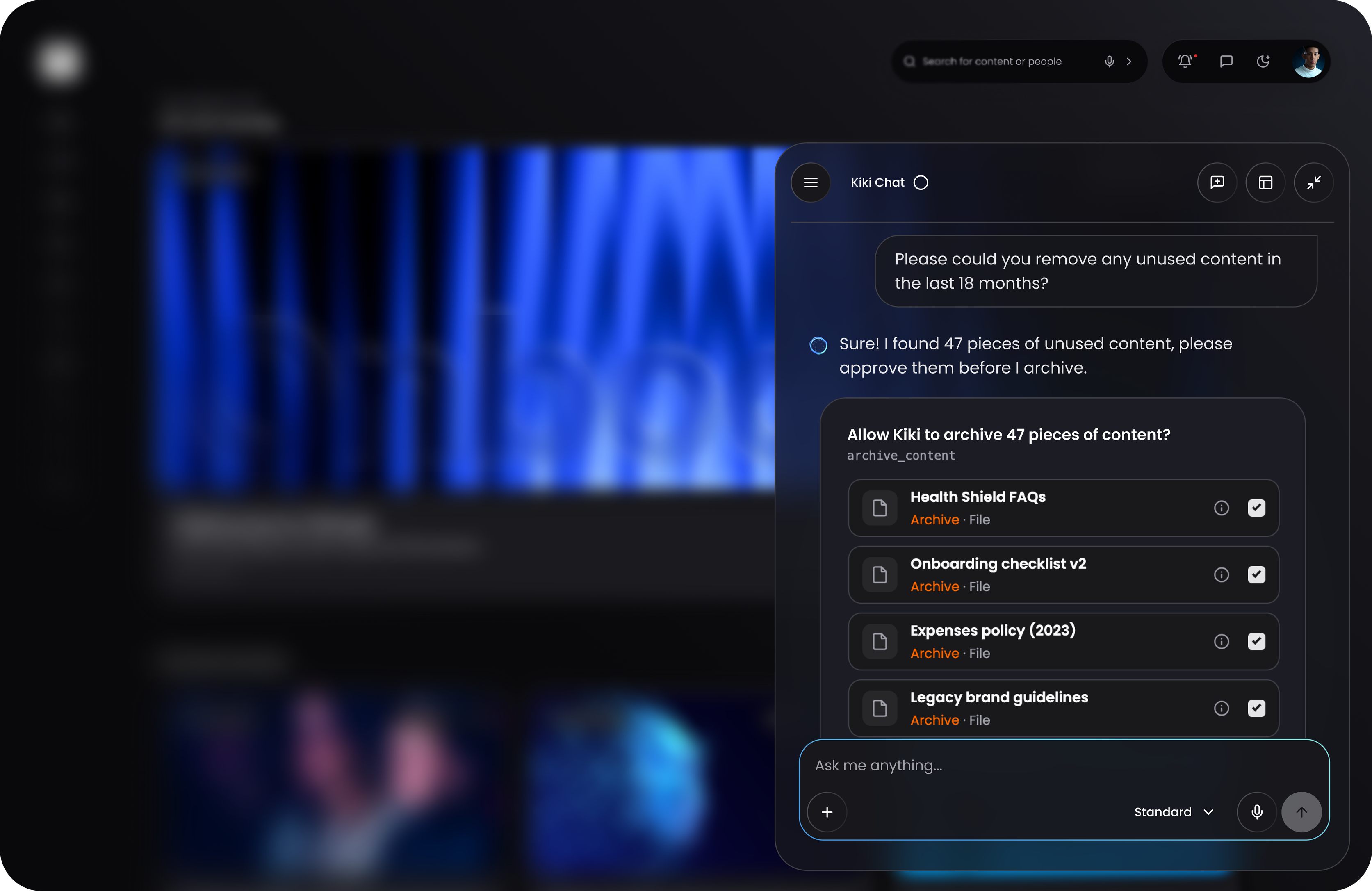 Kiki asking an admin to approve archiving 47 pieces of unused content in the Thrive platform