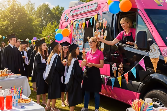 Ice cream truck rental for graduation parties in MA state and NH state by Ninja Ice Creams Trucks