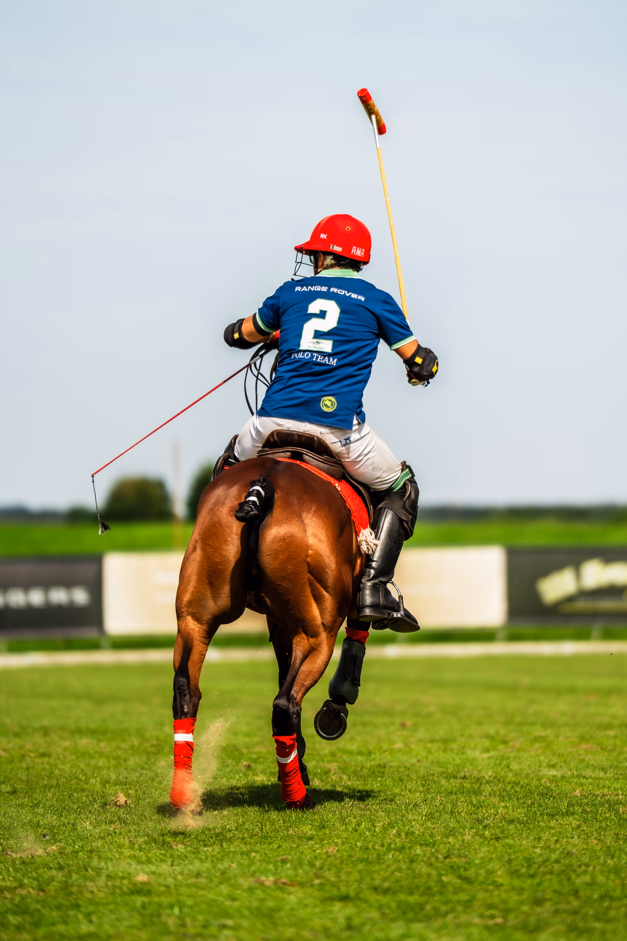 Rückansicht eines Polospielers des Range Rover Polo Teams auf einem braunen Pferd. Der Spieler trägt ein blaues Trikot mit der Rückennummer 2 sowie einen roten Helm und hält den Poloschläger erhoben. Das Bild entstand während eines Matches beim Polo Cup der German Polo Tour in München.