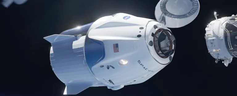 Space capsule drifting above earth, with it's top hatch open.