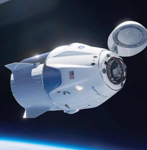 Space capsule drifting above earth, with it's top hatch open.