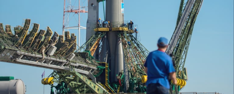 A rocket on a launchpad.