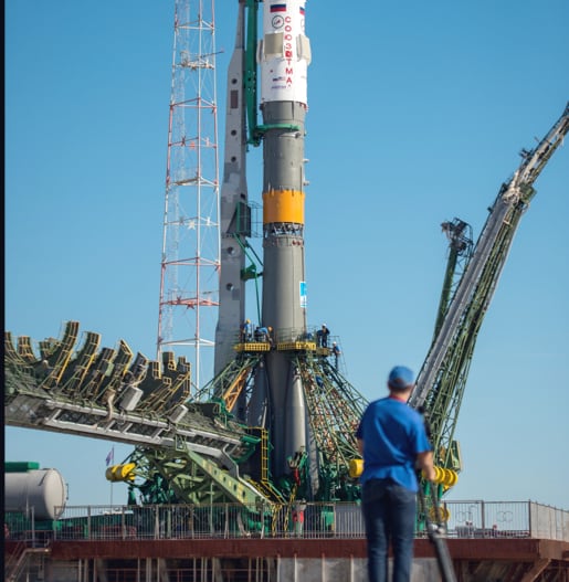 A rocket on a launchpad.