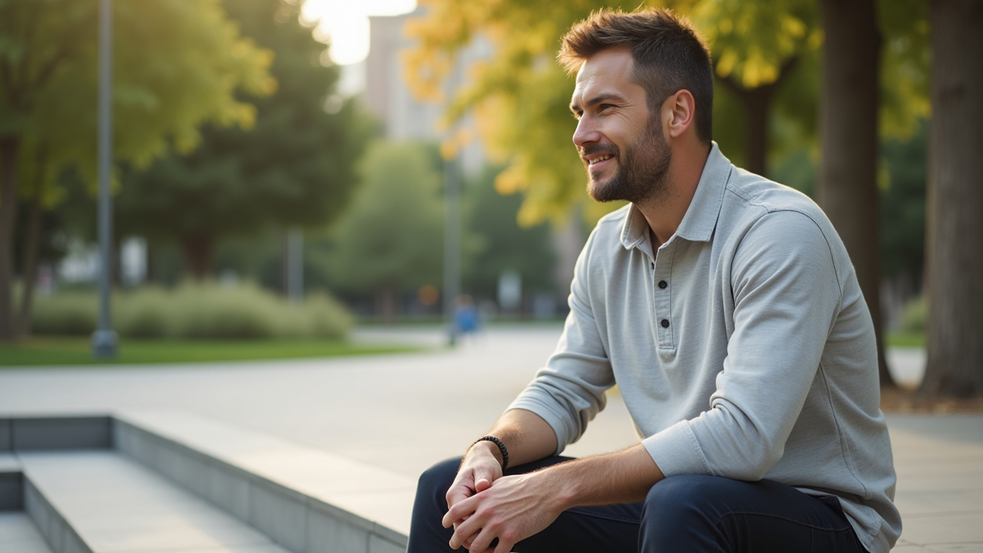 Homme de 35-40 ans assis en extérieur, expression calme et confiante – illustration du bien-être masculin et du soutien naturel à la testostérone.