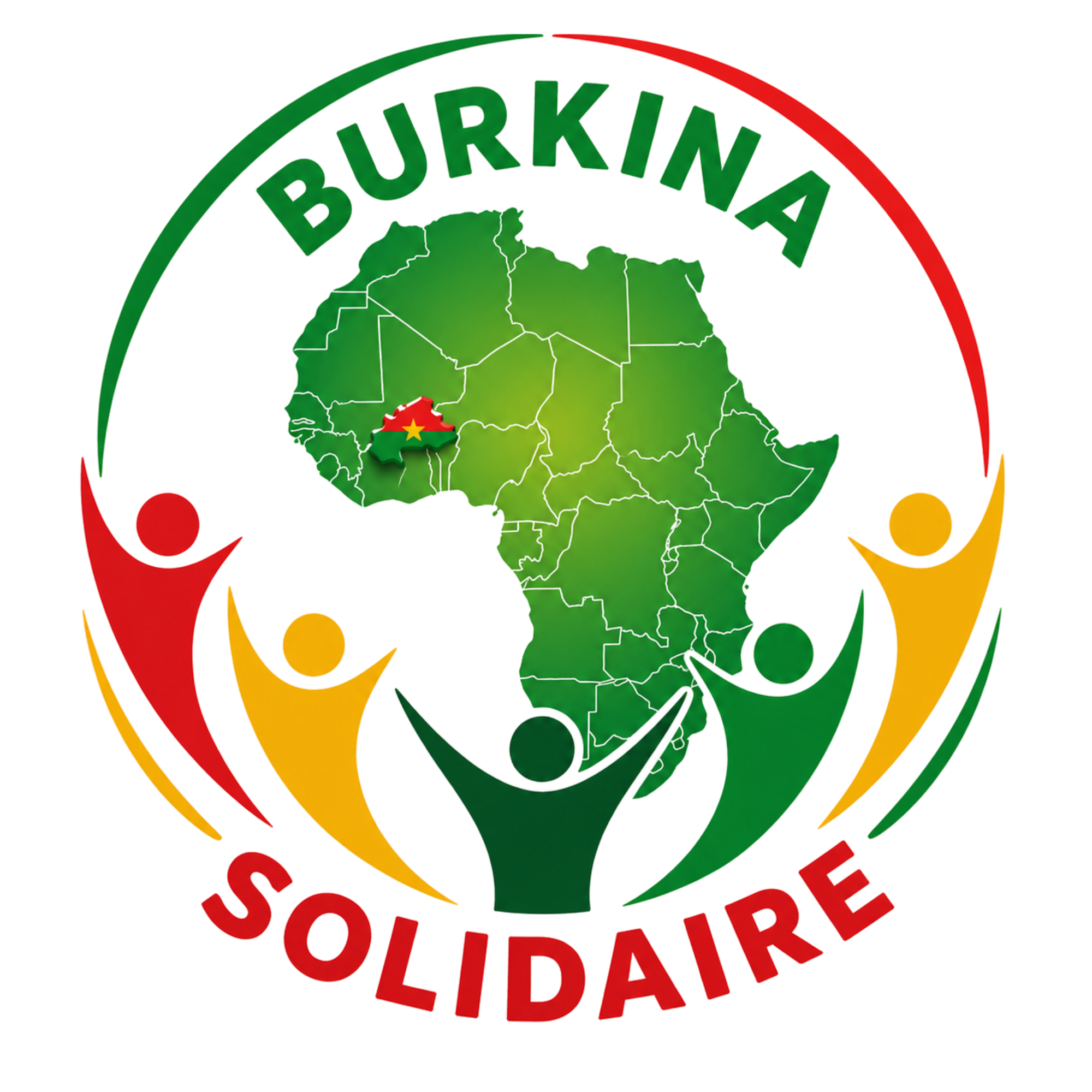 Burkina Solidaire logo featuring a map of Africa highlighting Burkina Faso, surrounded by figures symbolizing unity, solidarity, and collective action.