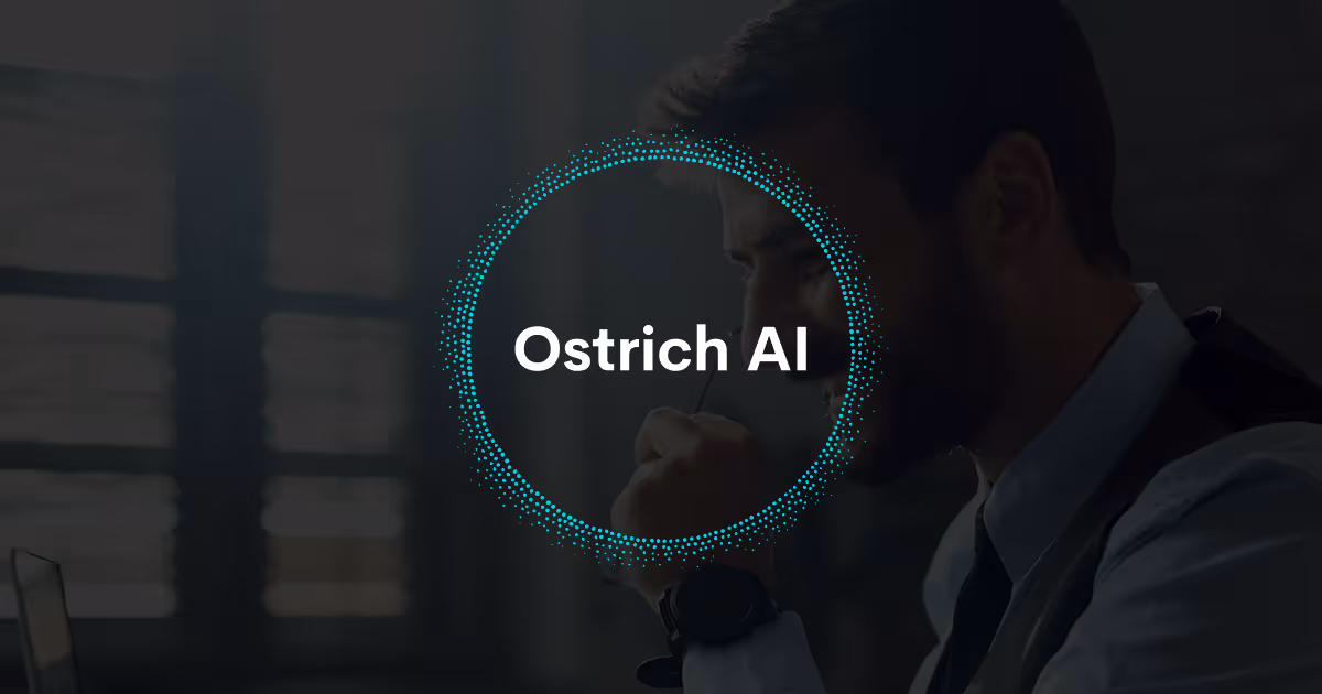 Man with beard smiling while working on a laptop with a glowing dotted circle and the text 'Ostrich AI' in the center.
