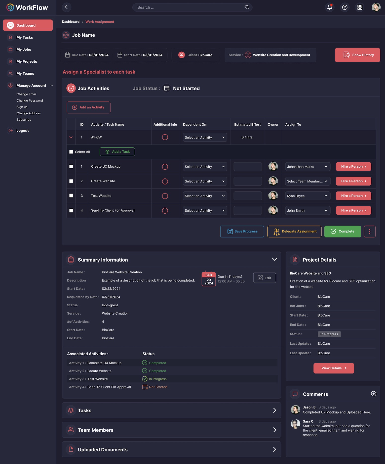 Configurable service work assignment page