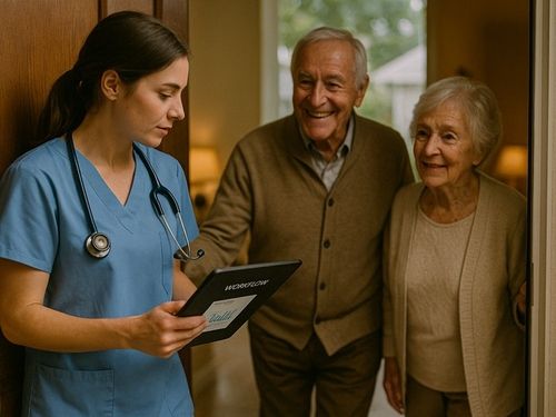 Healthcare worker meeting with patients