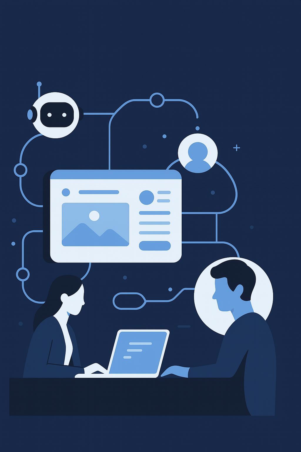 Illustration of a team member using a web-based low-code automation dashboard
