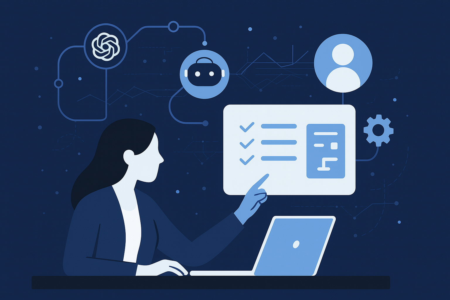 Illustration of a person at a laptop interacting with AI workflow icons (ChatGPT, a chatbot, user profile, and gears) to represent automated business processes.