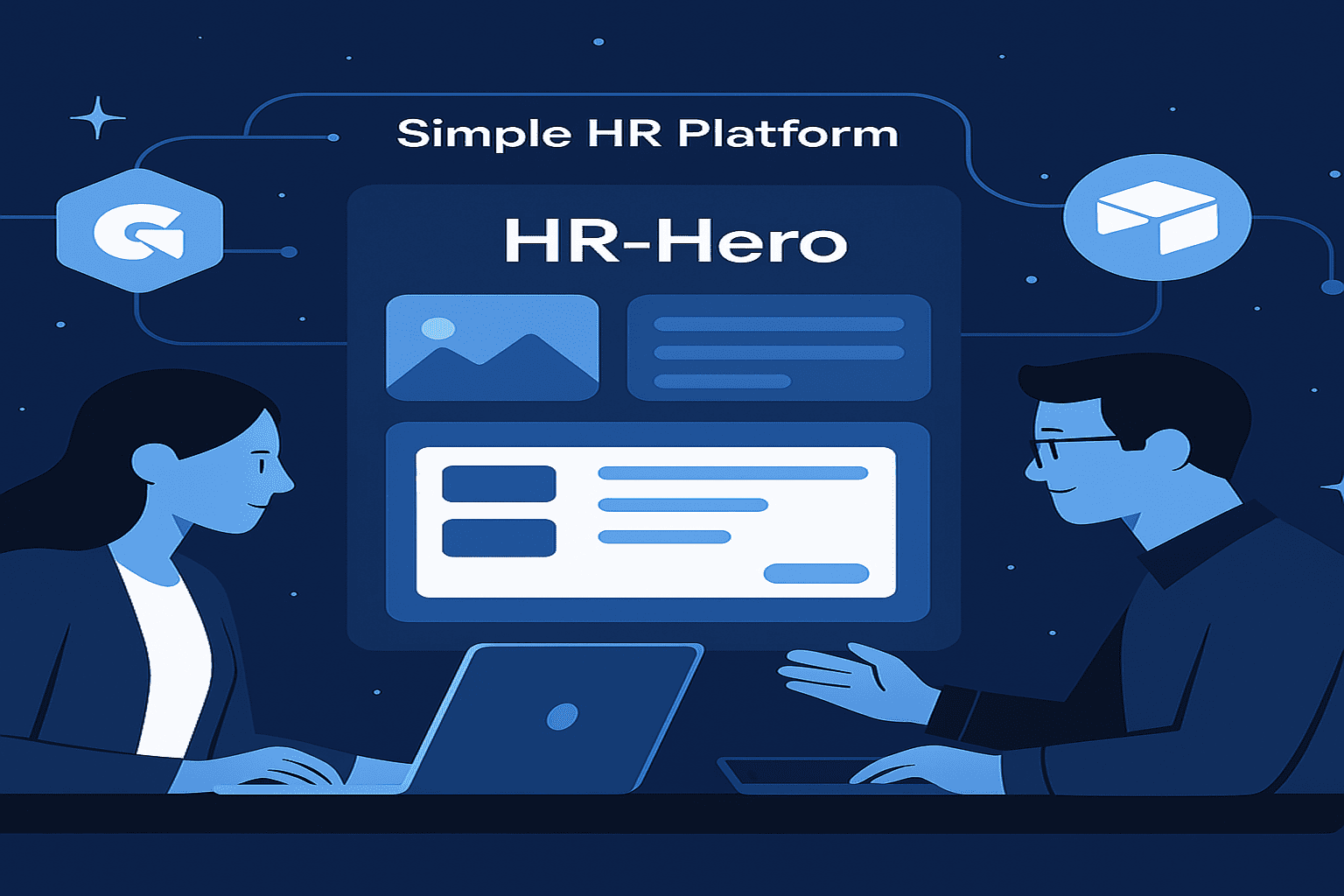 Two team members reviewing a “HR-Hero” low-code HR platform dashboard, with icons for Glide and Airtable indicating a custom internal tool.