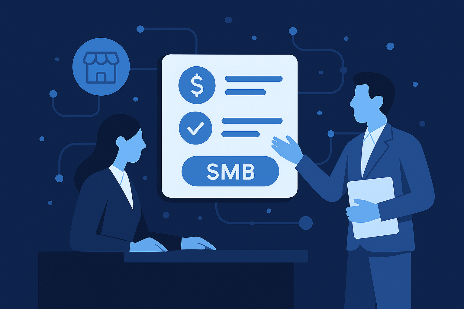 Illustration of two professionals reviewing a pricing plan labeled “SMB” on a digital dashboard, representing clear, fair pricing for small businesses.