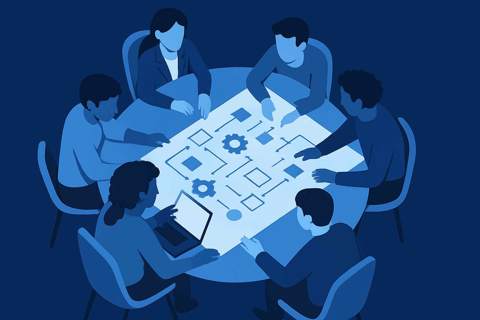 Top-down view of a team of five around a table mapping out a clean, streamlined workflow diagram, symbolizing fast execution.