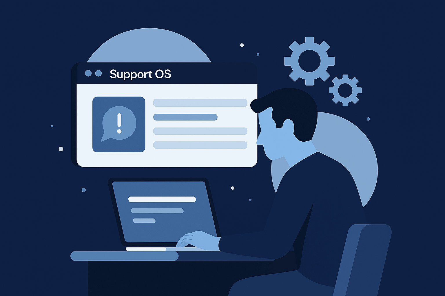 Person at a laptop with a “Support OK” screen and gear icons behind, indicating ongoing system tuning and team support.