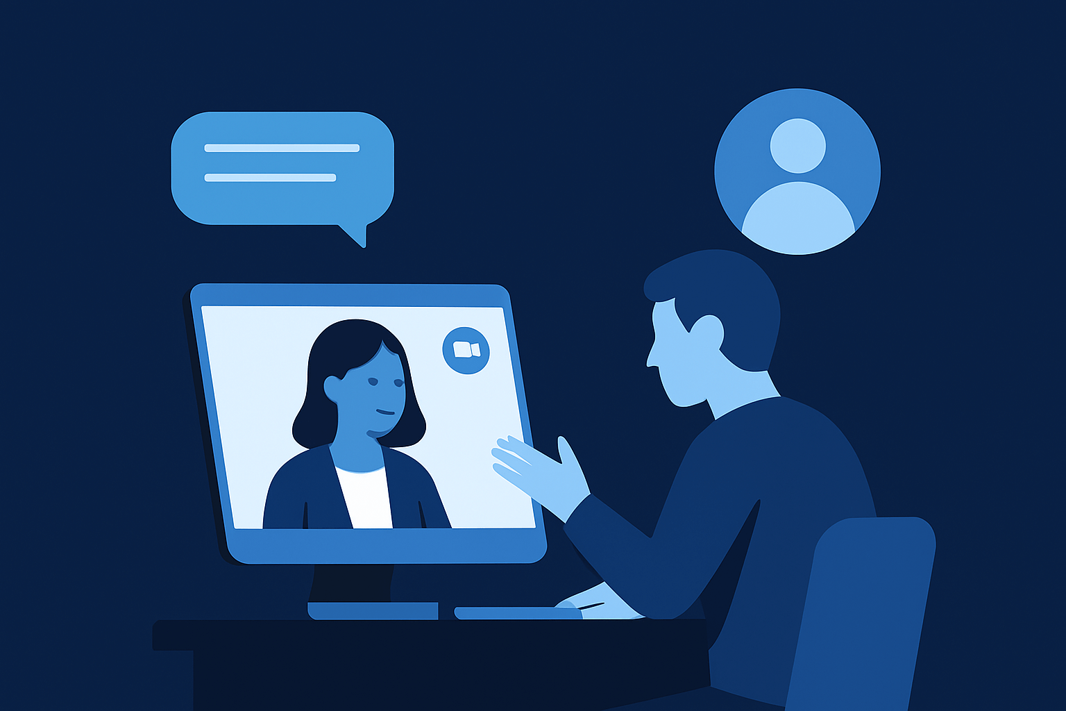 Illustration of a consultant and client in a virtual meeting on a computer screen, symbolizing a live AI + automation strategy session.