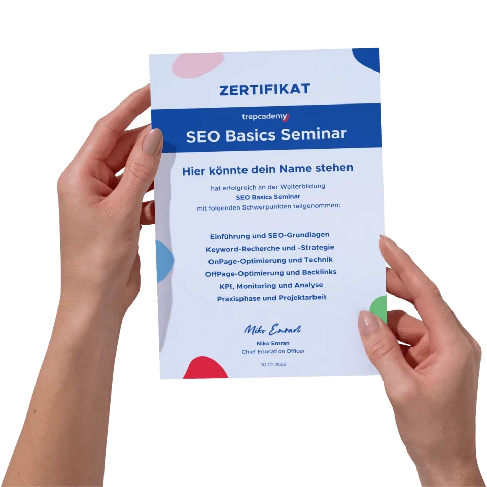 Teilnahmezertifikat trepcademy – SEO Basics Seminar