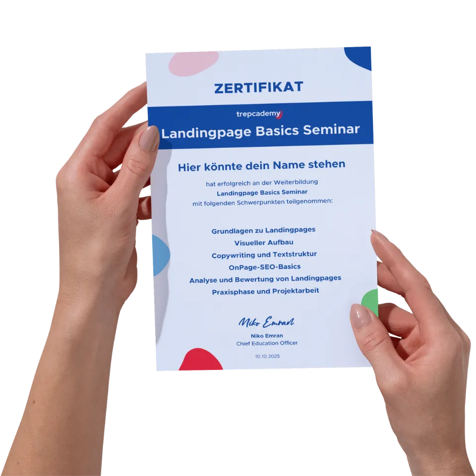 Teilnahmezertifikat trepcademy – Landingpage Basics Seminar