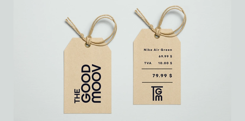 Mockup de la création d'étiquette personnalisé pour The Good Moov, issue de la nouvelle charte graphique
