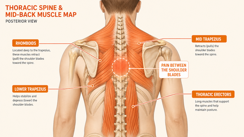 Diagram of upper back muscles including rhomboids and mid trapezius, with pain between the shoulder blades marked.