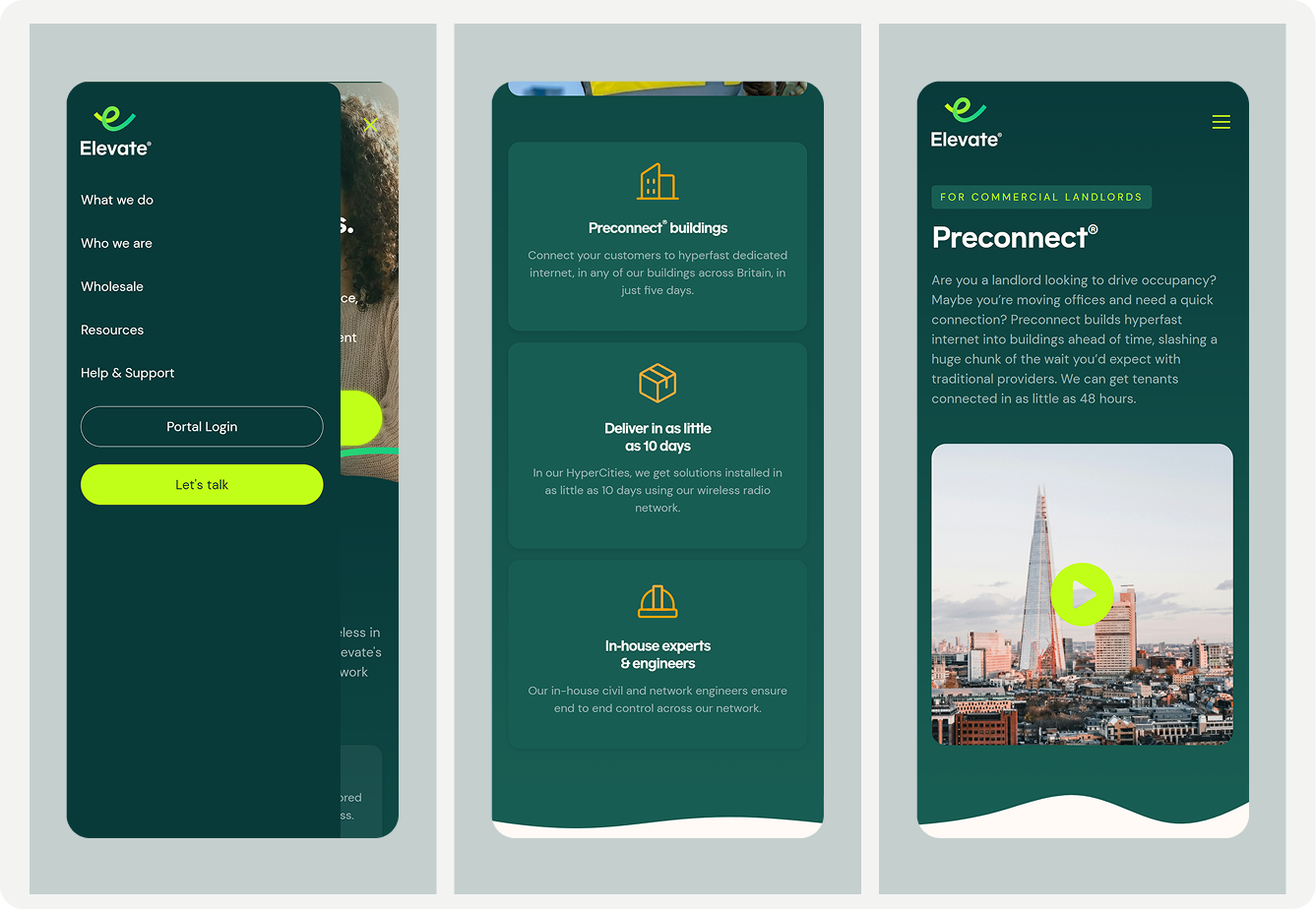Elevate website interior page showcasing business broadband and connectivity services, Webflow build by Tahi Studio