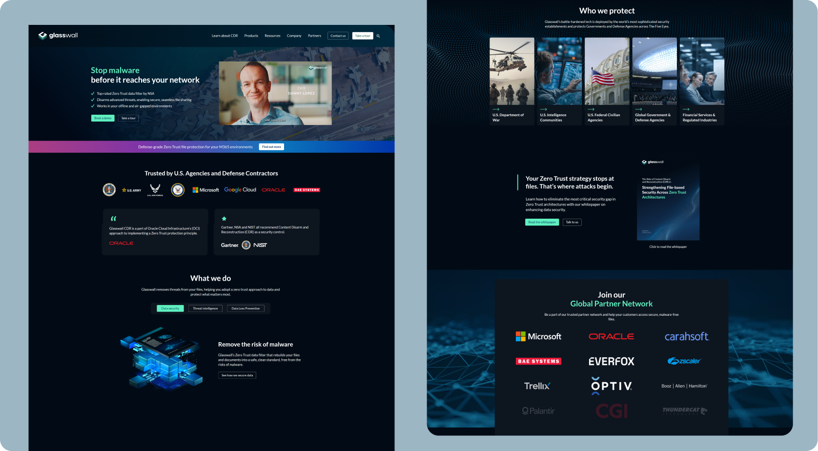 Glasswall website homepage redesigned by Tahi Studio Webflow agency for Zero Trust cybersecurity brand