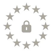 Gray padlock icon surrounded by a circle of twelve gray stars representing the European Union.