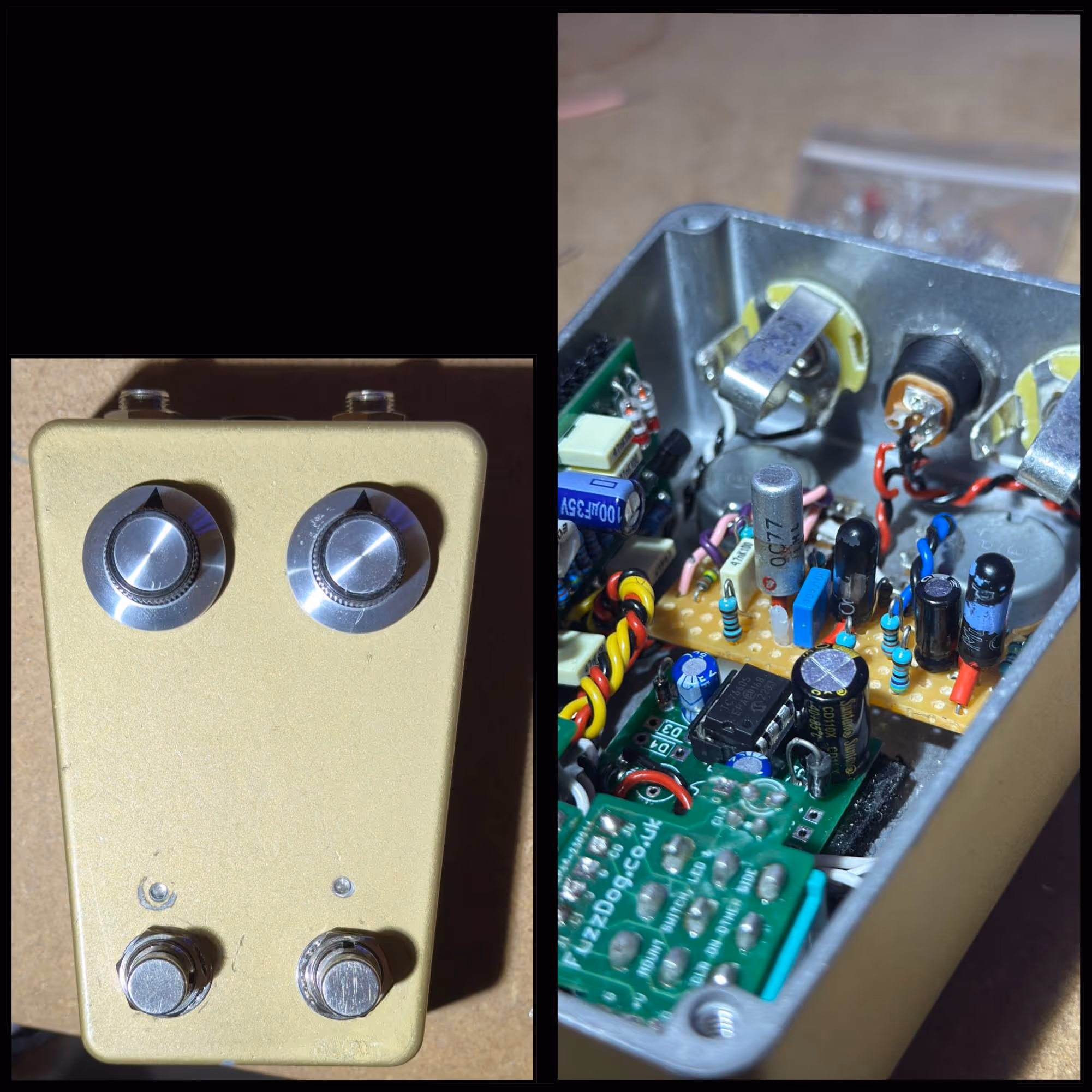 A metallic gold stompbox with two silver knobs and two footswitches. An accompanying photo is shown, showing off the inside of the pedal, and all of it's circuits.