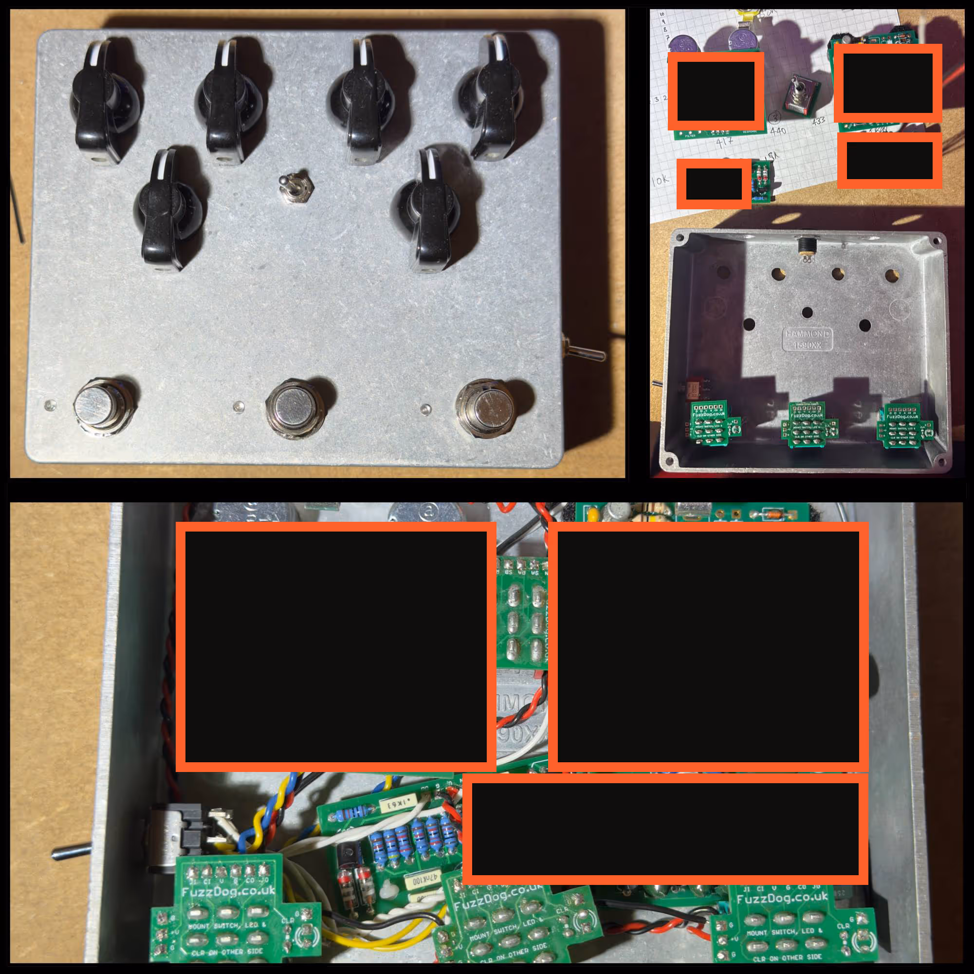A bare metal stompbox six black knobs, two toggle switches and three footswitches. An accompanying photo is shown, showing off the inside of the pedal, and all of it's circuits.