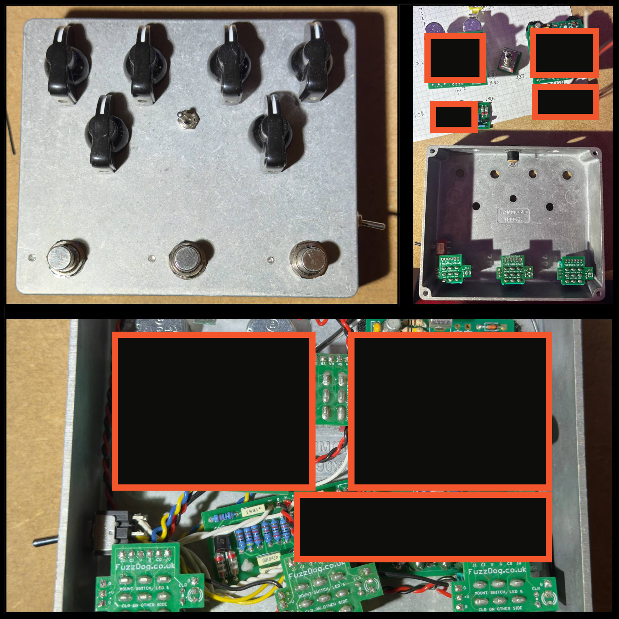 A bare metal stompbox six black knobs, two toggle switches and three footswitches. An accompanying photo is shown, showing off the inside of the pedal, and all of it's circuits.