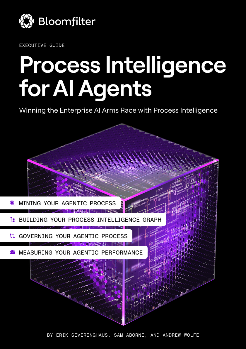 Cover of Bloomfilter executive guide titled 'Process Intelligence for AI Agents' with a glowing purple cube and topics listed on a black background.