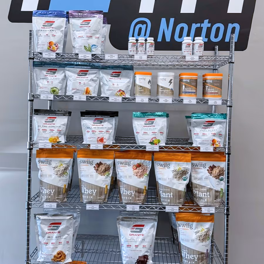 Display of nutritional supplements available at the gym. Including protein, pre-workout and more!